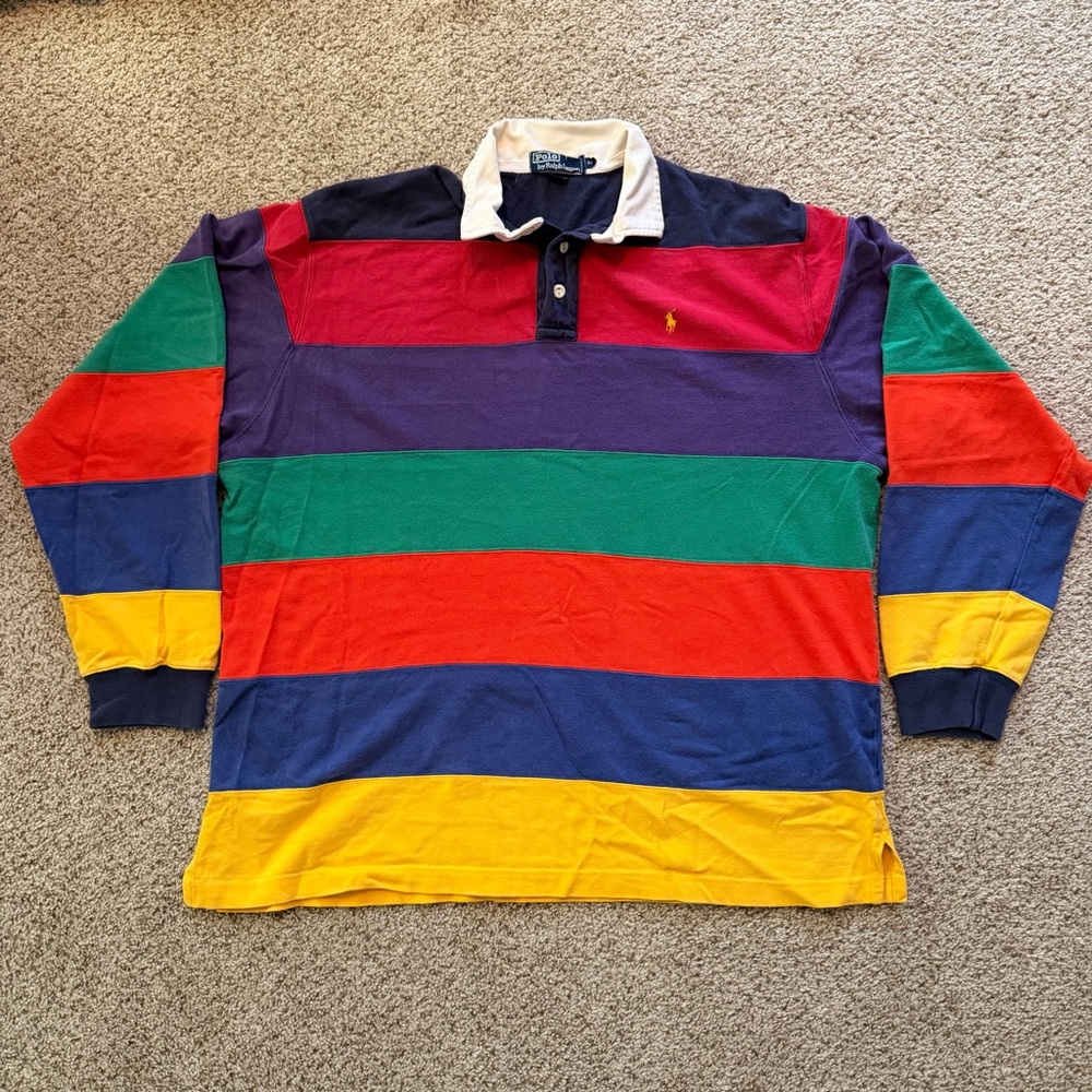 Rare Vintage 90s Polo Ralph Lauren Rainbow Color Block Rugby Shirt XL!
